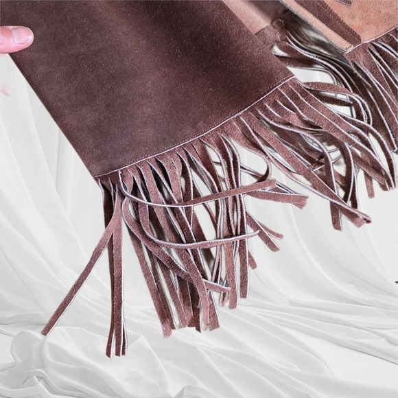 VTG 60s Suede Two Tone Brown Cape Poncho, Fringe, Hippie Boho Mod Style - Picture 7 of 16